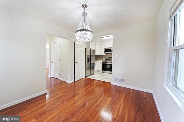 Chandelier, Empty room, Interior, Kitchen, Stainless Steel Appliances, Wood Texture Flooring