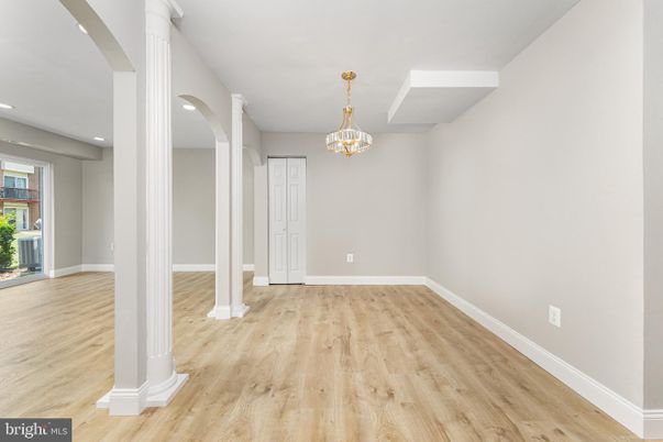 Chandelier, Empty room, Interior, Recessed Lighting, Wood Texture Flooring