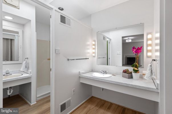 Bathroom, Dual Sink Vanities, Interior, Recessed Lighting, Wood Texture Flooring