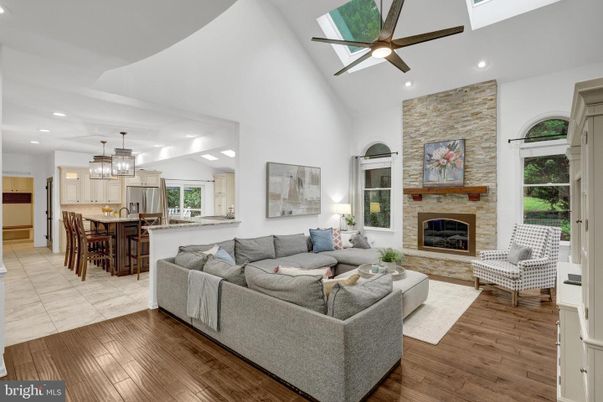 Fireplace, Interior, Kitchen, Living room, Pendant Lights, Recessed Lighting, Stone Walls, Wood Texture Flooring