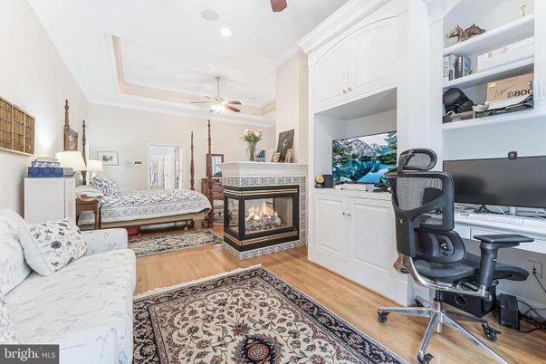 Fireplace, Home Office, Interior, Recessed Lighting, Wood Texture Flooring