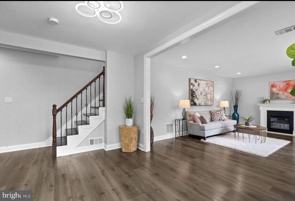 Fireplace, Interior, Living room, Recessed Lighting, Wood Texture Flooring