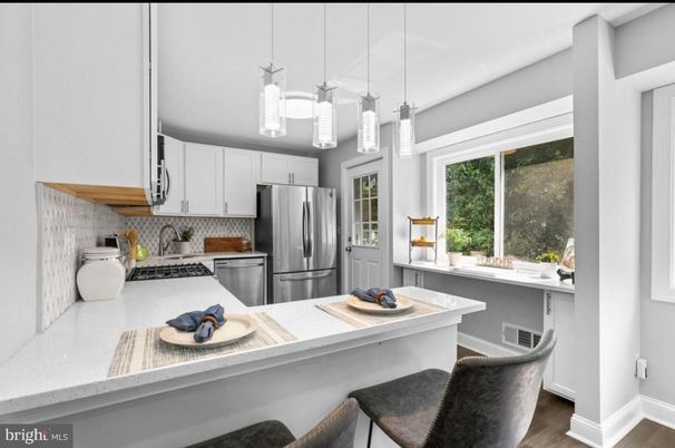 Interior, Kitchen, Pendant Lights, Stainless Steel Appliances, Wood Texture Flooring
