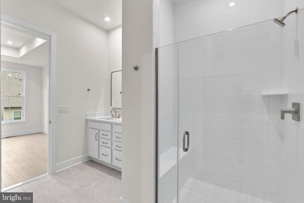 Bathroom, Glass Shower, Interior, Recessed Lighting, Wood Texture Flooring