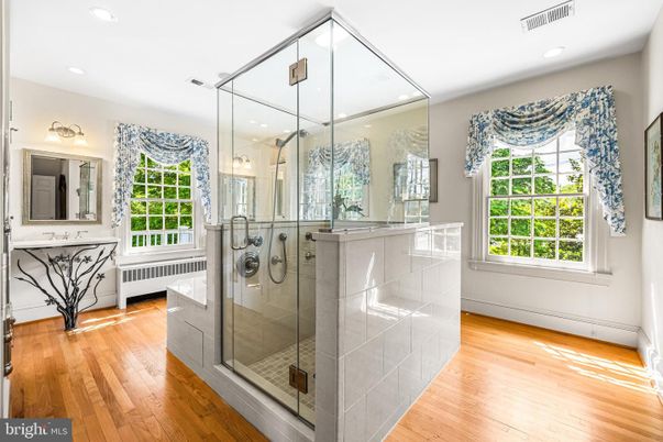 Bathroom, Glass Shower, Interior, Recessed Lighting, Wood Texture Flooring