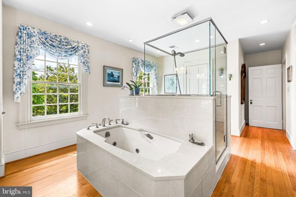 Bathroom, Glass Shower, Interior, Recessed Lighting, Wood Texture Flooring