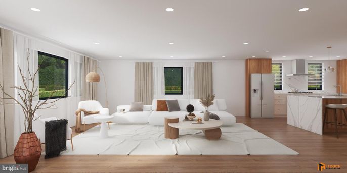 Interior, Kitchen, Living room, Marble Walls, Pendant Lights, Recessed Lighting, Wood Texture Flooring