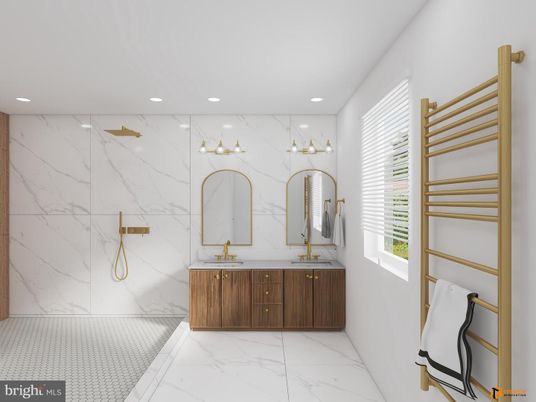 Bathroom, Dual Sink Vanities, Interior, Marble, Marble Walls, Recessed Lighting