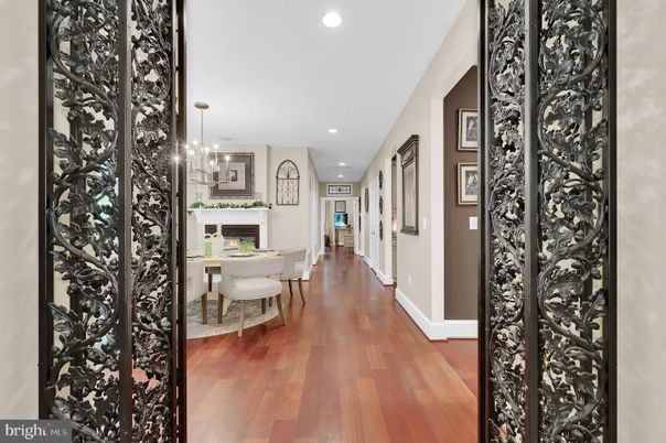 Dining room, Fireplace, Interior, Pendant Lights, Recessed Lighting, Wood Texture Flooring