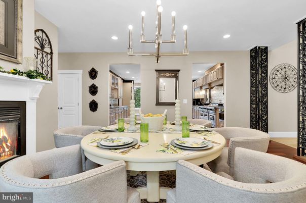 Chandelier, Dining room, Fireplace, Interior, Kitchen, Pendant Lights, Recessed Lighting, Wood Texture Flooring