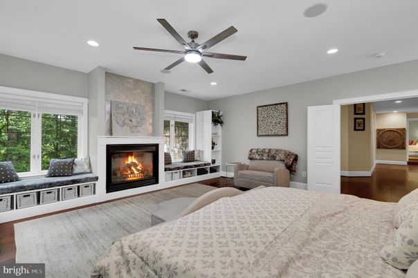 Bedroom, Fireplace, Interior, Living room, Recessed Lighting, Wood Texture Flooring
