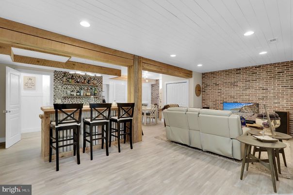 Interior, Living room, Recessed Lighting, Stone Walls, Wooden Beams, Wood Texture Flooring