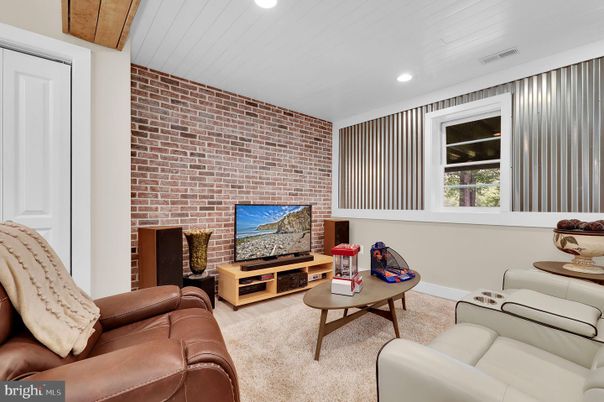 Interior, Living room, Recessed Lighting, Stone Walls, Wood Texture Flooring