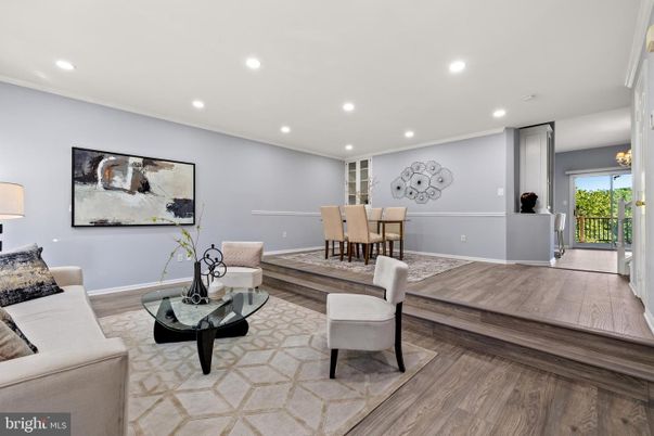 Dining room, Interior, Living room, Recessed Lighting, Wood Texture Flooring
