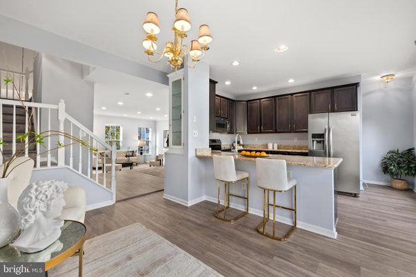 Chandelier, Interior, Kitchen, Recessed Lighting, Stainless Steel Appliances, Wood Texture Flooring