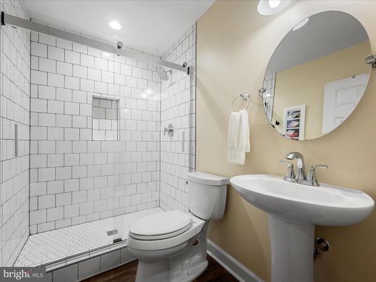 Bathroom, Glass Shower, Interior, Recessed Lighting, Wood Texture Flooring