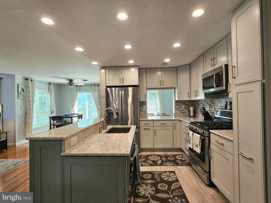 Interior, Kitchen, Recessed Lighting, Stainless Steel Appliances, Wood Texture Flooring