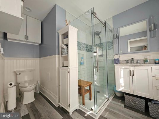 Bathroom, Glass Shower, Interior, Wood Texture Flooring