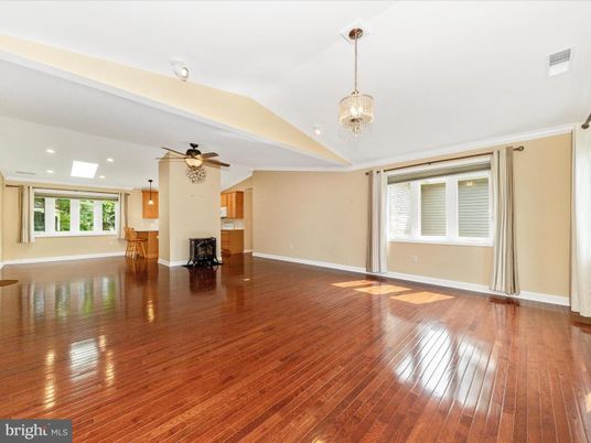 Empty room, Fireplace, Interior, Pendant Lights, Recessed Lighting, Wood Texture Flooring