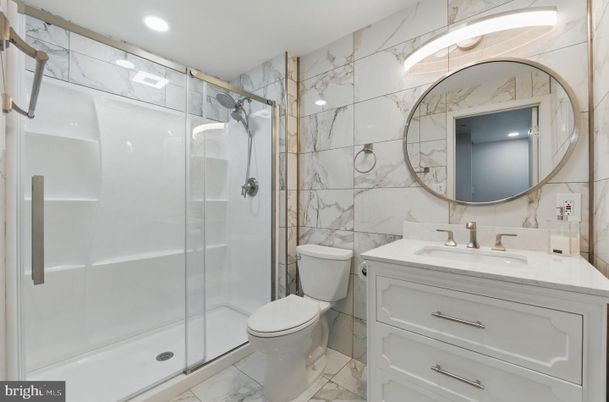 Bathroom, Glass Shower, Interior, Marble, Marble Walls, Recessed Lighting
