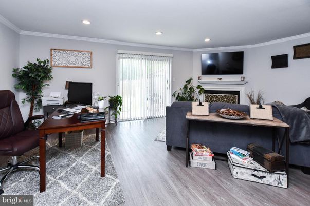 Fireplace, Home Office, Interior, Recessed Lighting, Wood Texture Flooring