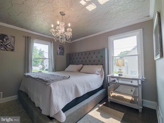 Bedroom, Chandelier, Interior, Wood Texture Flooring