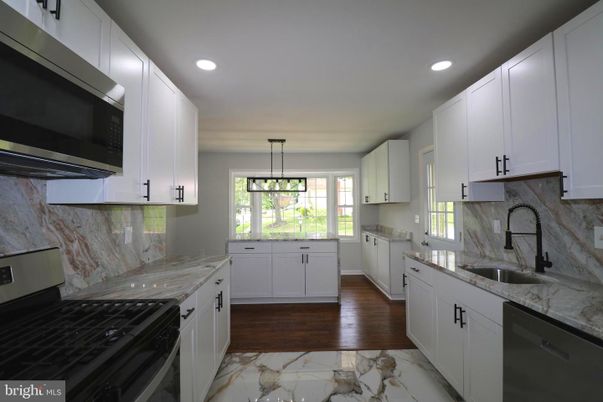 Interior, Kitchen, Marble, Pendant Lights, Recessed Lighting, Wood Texture Flooring