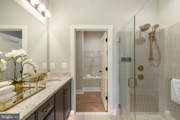 Bathroom, Dual Sink Vanities, Glass Shower, Interior, Wood Texture Flooring