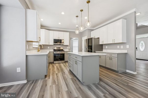 Interior, Kitchen, Pendant Lights, Recessed Lighting, Stainless Steel Appliances, Wood Texture Flooring