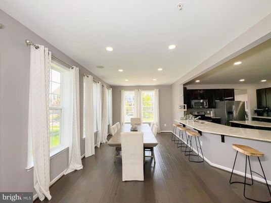 Dining room, Interior, Kitchen, Recessed Lighting, Stainless Steel Appliances, Wood Texture Flooring