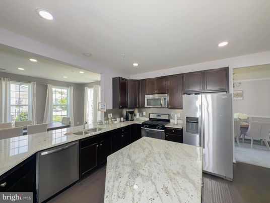 Dining room, Interior, Kitchen, Recessed Lighting, Stainless Steel Appliances, Wood Texture Flooring