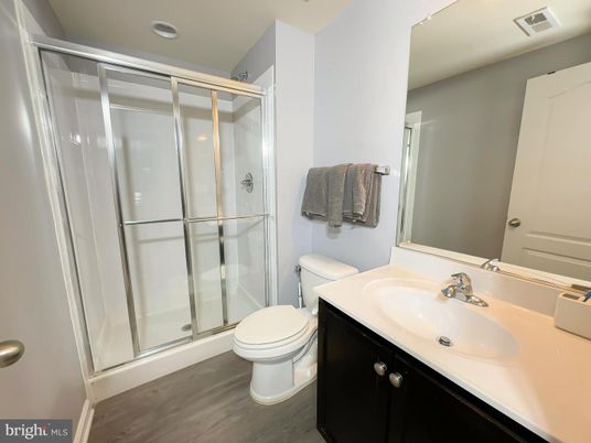 Bathroom, Glass Shower, Interior, Recessed Lighting, Wood Texture Flooring