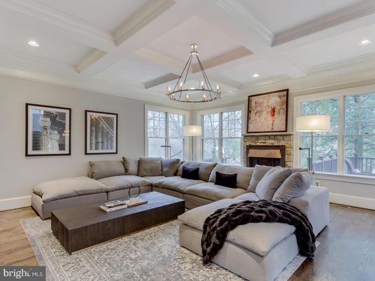 Chandelier, Fireplace, Interior, Living room, Recessed Lighting, Wood Texture Flooring