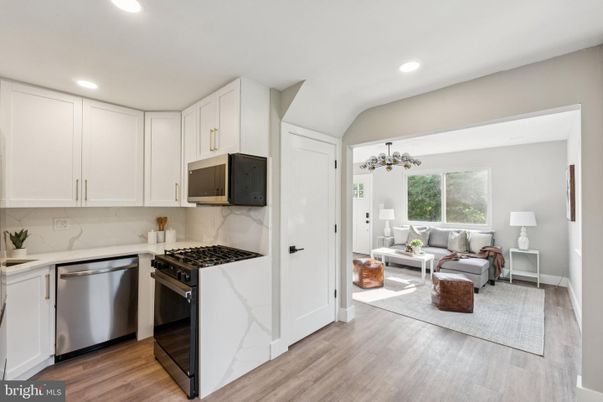 Interior, Kitchen, Living room, Recessed Lighting, Stainless Steel Appliances, Wood Texture Flooring