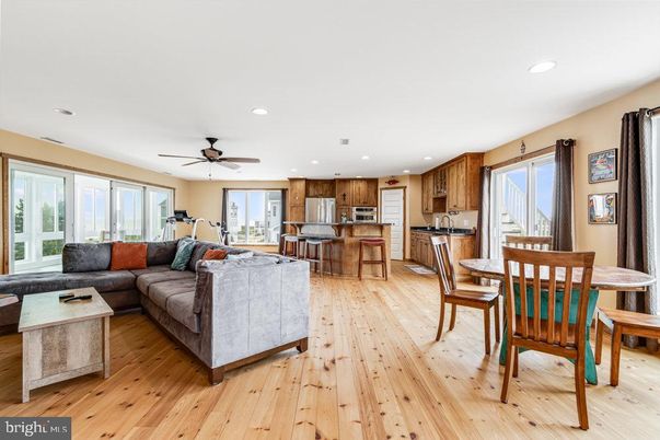 Dining room, Interior, Kitchen, Living room, Recessed Lighting, Wood Texture Flooring