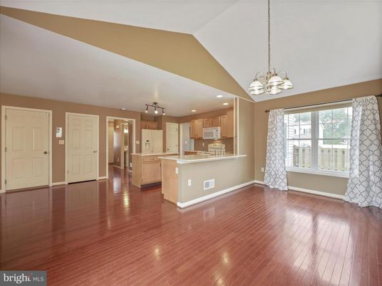 Chandelier, Empty room, Interior, Kitchen, Pendant Lights, Recessed Lighting, Wood Texture Flooring