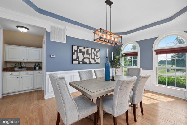 Dining room, Interior, Pendant Lights, Wood Texture Flooring