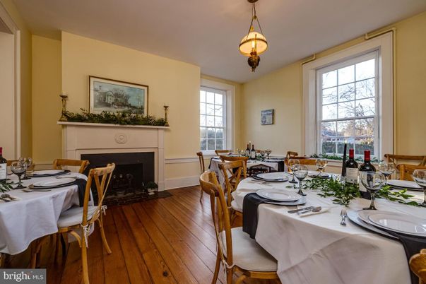 Dining room, Fireplace, Interior, Pendant Lights, Wood Texture Flooring