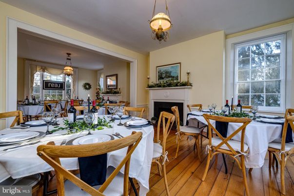 Dining room, Fireplace, Interior, Pendant Lights, Wood Texture Flooring