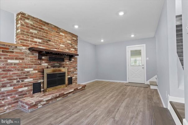 Fireplace, Interior, Recessed Lighting, Stone Walls, Wood Texture Flooring