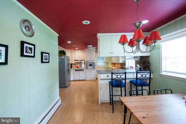 Chandelier, Interior, Kitchen, Recessed Lighting, Stainless Steel Appliances, Wood Texture Flooring