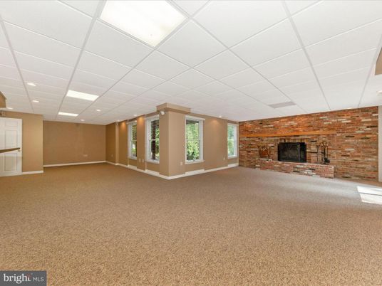 Empty room, Fireplace, Interior, Recessed Lighting, Stone Walls