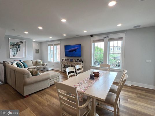 Dining room, Interior, Living room, Recessed Lighting, Wood Texture Flooring