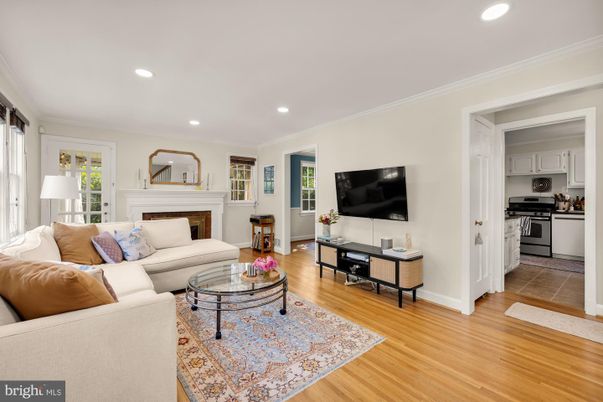 Fireplace, Interior, Kitchen, Living room, Recessed Lighting, Wood Texture Flooring