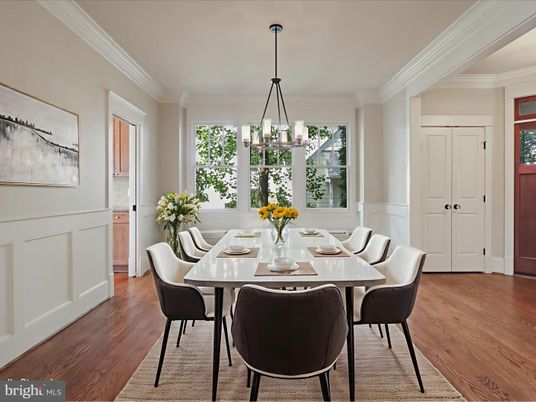 Dining room, Interior, Pendant Lights, Wood Texture Flooring