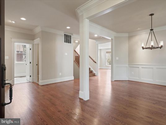 Chandelier, Empty room, Interior, Pendant Lights, Recessed Lighting, Wood Texture Flooring