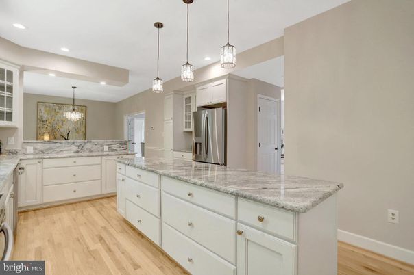 Chandelier, Interior, Kitchen, Pendant Lights, Recessed Lighting, Stainless Steel Appliances, Wood Texture Flooring
