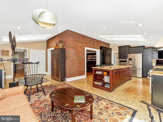 Interior, Kitchen, Pendant Lights, Recessed Lighting, Stainless Steel Appliances, Stone Walls