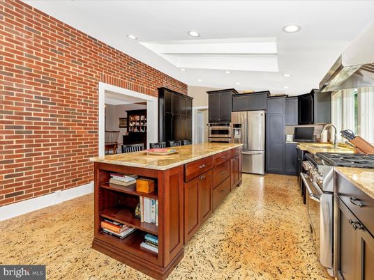Interior, Kitchen, Recessed Lighting, Stainless Steel Appliances, Stone Walls
