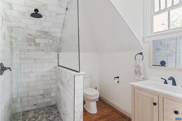 Bathroom, Glass Shower, Interior, Wood Texture Flooring